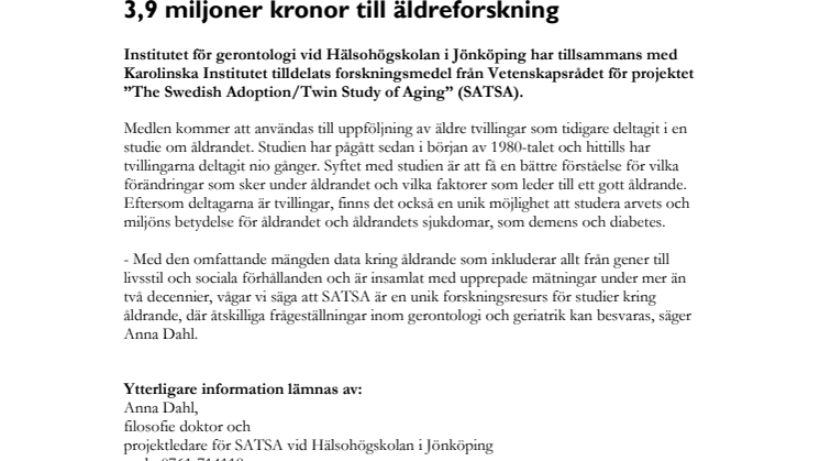 3,9 miljoner kronor till äldreforskning