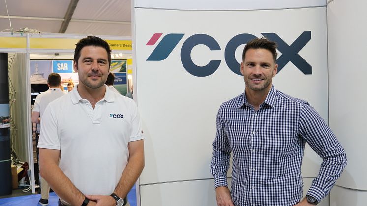 Cox Powertrain's Global Sales Director, Joel Reid with Jamie de Jong, Seascape Marine's General Manager at Seawork International 2018