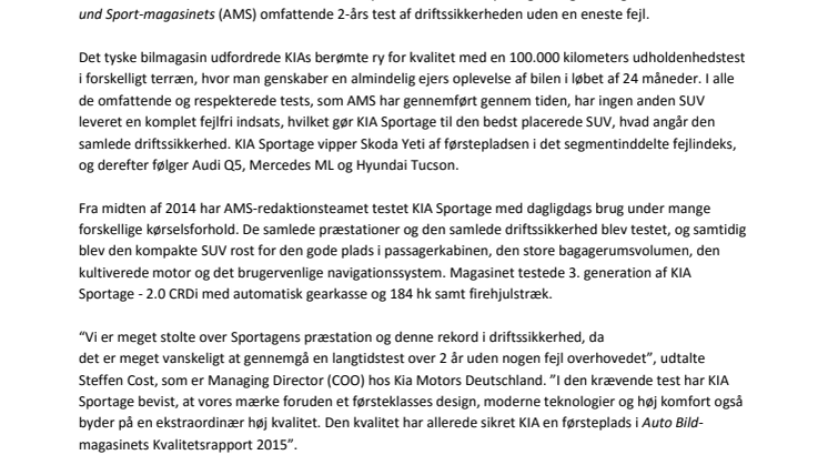 KIA Sportage sætter ny rekord i en 2 årig test af driftssikkerheden