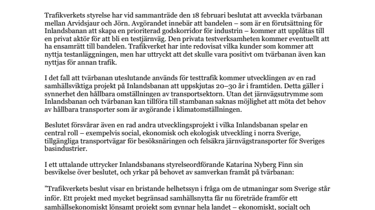 Trafikverkets beslut om att avveckla tvärbanan Arvidsjaur-Jörn kritiseras av Inlandsbanan     