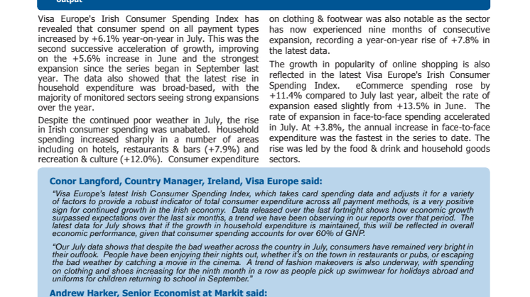 Visa Europe's Irish Consumer Spending Index - 11 August 2015