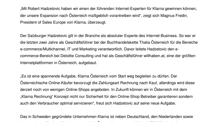 Robert Hadzetovic wird Österreich-Chef von Klarna