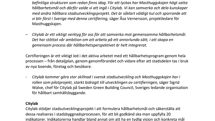 Masthuggskajen först att tilldelas ny certifiering för hållbar stadsutveckling