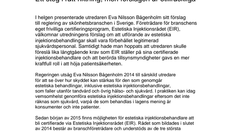 Estetiska injektionsrådets uttalande med anledning av skönhetsutredningens förslag SOU 2015:100