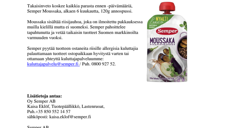 Semper vetää takaisin Moussakaa 