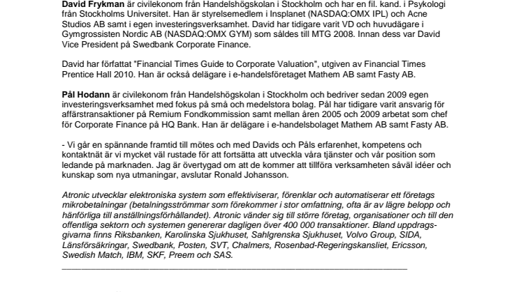 Frykman och Hodann i Atronics styrelse