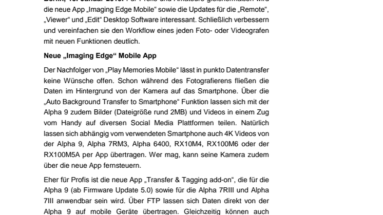 Die neue „Imaging Edge“ Software bringt Kamera und Smartphone näher zusammen