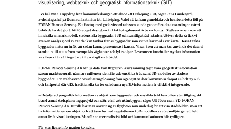 FORAN Remote Sensing hjälper Linköping med karttjänst i 3D