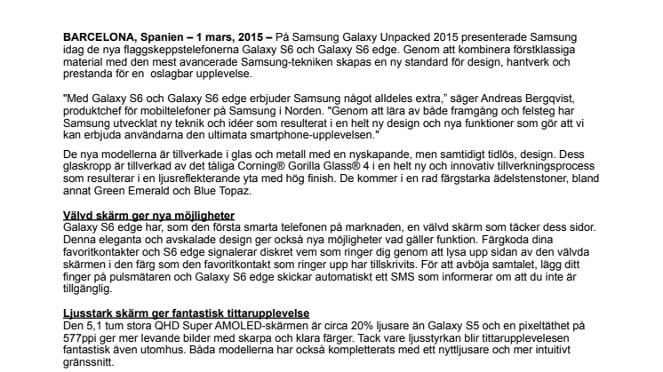 ​Nya Samsung Galaxy S6 och Galaxy S6 edge – hantverk i glas och metall