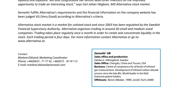SenseAir AB on Alternativa Stock Market