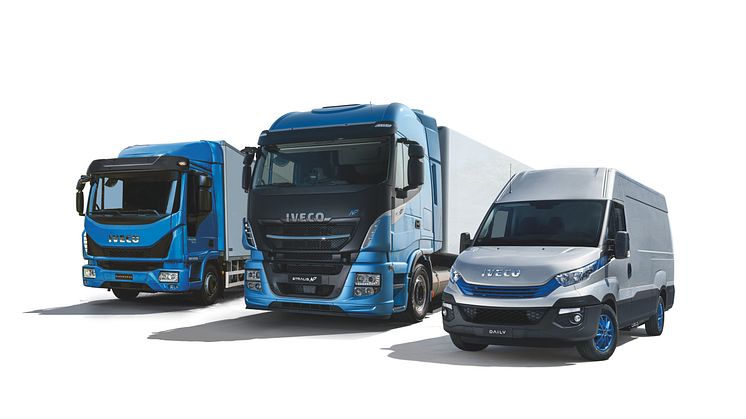 Tre av IVECO´s gasfordon. Eurocargo, Stralis  och Daily som visas på Lastbil 2018 i Jönköping.