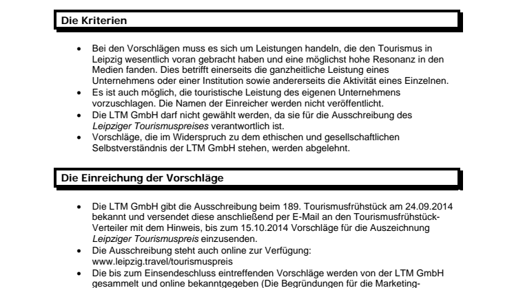 Leipziger Tourismuspreis 2014 Ausschreibung