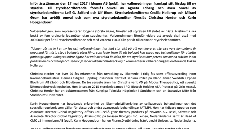 Nomineringsförslag stärker Idogens styrelse inom cellterapi och läkemedelsutveckling
