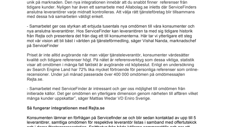 ServiceFinder inleder strategiskt samarbete med Rejta