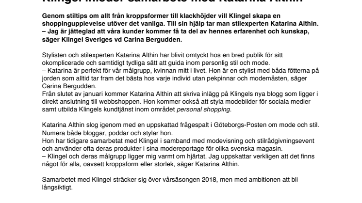 Klingel inleder samarbete med Katarina Althin