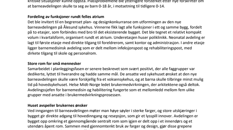 Barnesenteret ved Ålesund sykehus får heder i nasjonalt verdiprosjekt