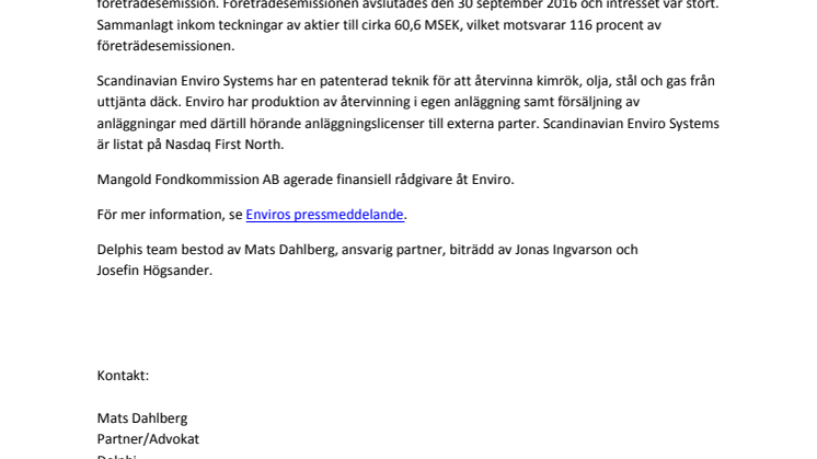 Delphi rådgivare till Scandinavian Enviro Systems vid företrädesemission