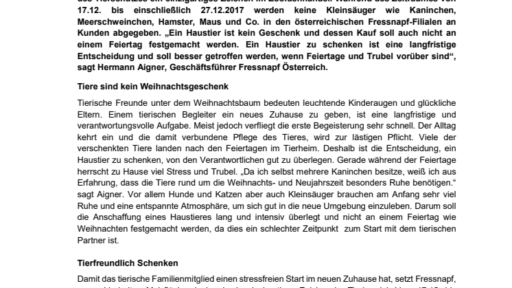 Fressnapf setzt einzigartiges Zeichen: Tiere gehören nicht unter den Christbaum