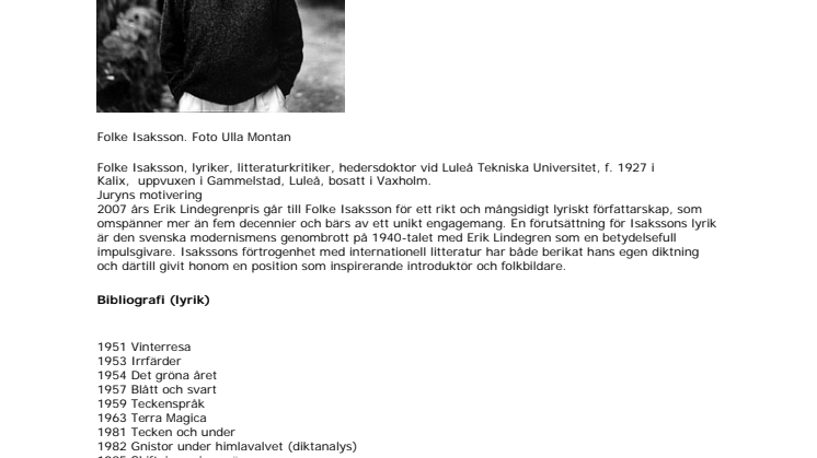 Lyrikpris till Folke Isaksson