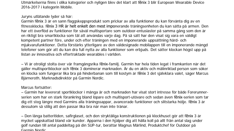 EISA utser Garmin® fēnix 3 till European Wearable Device 2016-2017