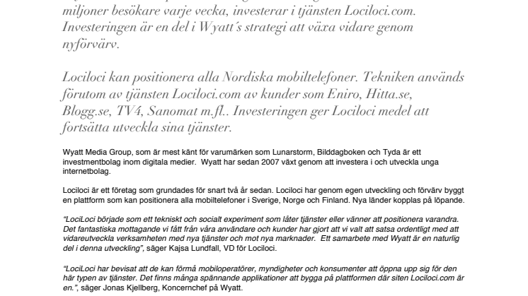 Wyatt Media Group investerar i Lociloci – Sveriges ledande positioneringstjänst