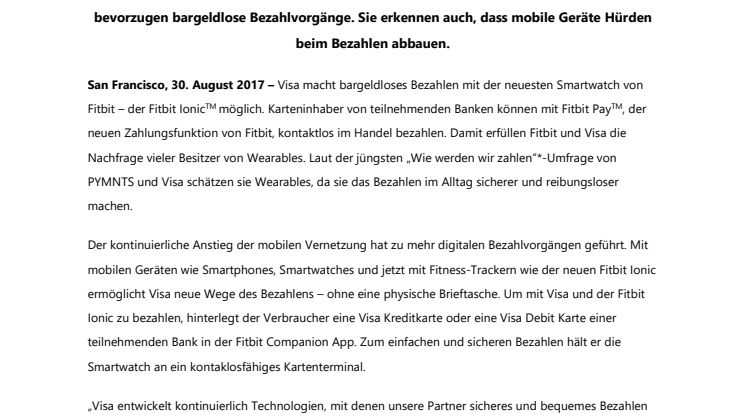Visa ermöglicht kontaktloses Bezahlen  mit der neuen Fitbit Ionic