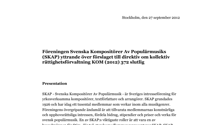 Remissvar: SKAP:s synpunkter på förslaget till direktiv om kollektiv rättighetsförvaltning