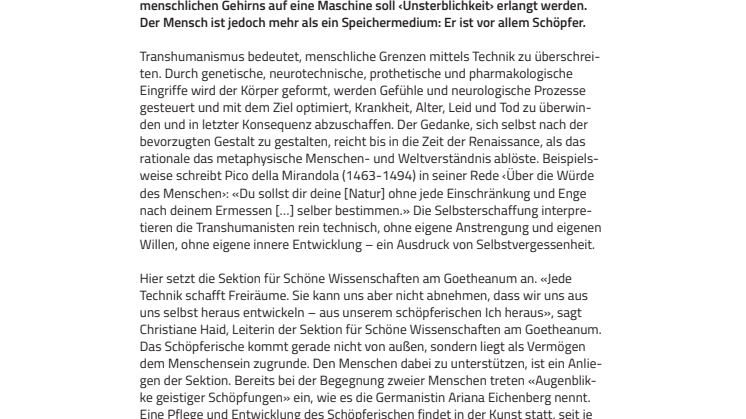 «Augenblicke geistiger Schöpfungen». ​Tagung zum Menschenbild des Transhumanismus