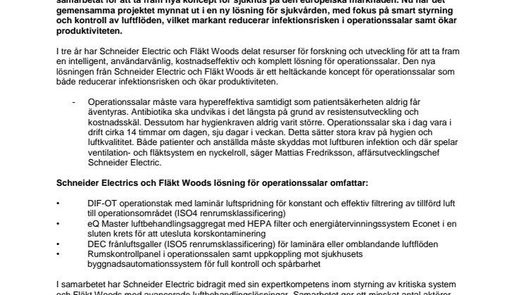 Samarbete mellan Schneider Electric och Fläkt Woods reducerar infektionsrisken i svenska operationssalar