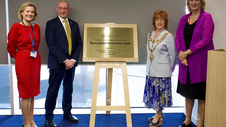 (L-R) Aneen Blackmore (VOA), Jim Harra (HMRC), Lord Mayor Cllr Maureen Cornish, Dame Jayne-Anne Gadhia (HMRC) formally open Birmingham Regional Centre