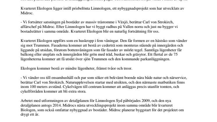 Midroc byggstartar kvarteret Ekologen i Växjö
