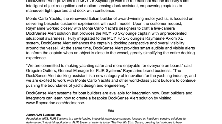Monte Carlo Yachts Becomes First Yacht Builder to Feature Raymarine DockSense Alert 