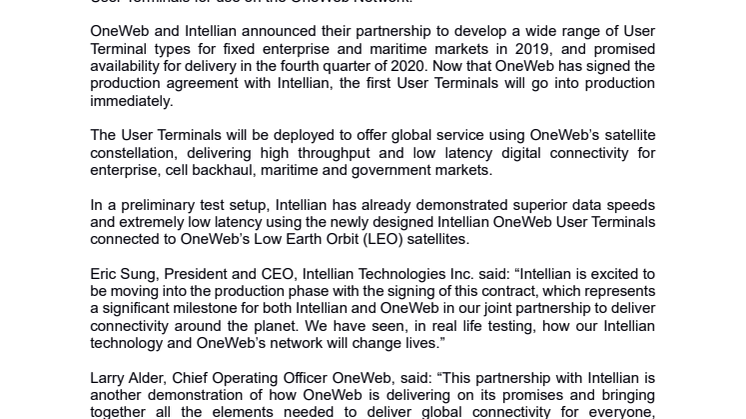 Intellian signs production contract to build a range of OneWeb User Terminals