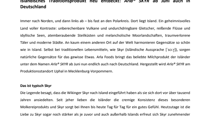 Isländisches Traditionsprodukt neu entdeckt: Arla® SKYR ab Juni auch in Deutschland