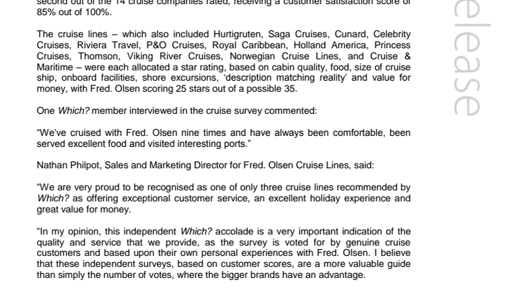 Fred. Olsen Cruise Lines is named one of the Top 3 cruise lines in the UK and a ‘Recommended Provider’ in first-ever Which? cruise survey