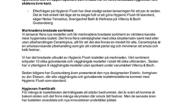 Gustavsberg lanserar marknadens bredaste sortiment med Hygienic Flush