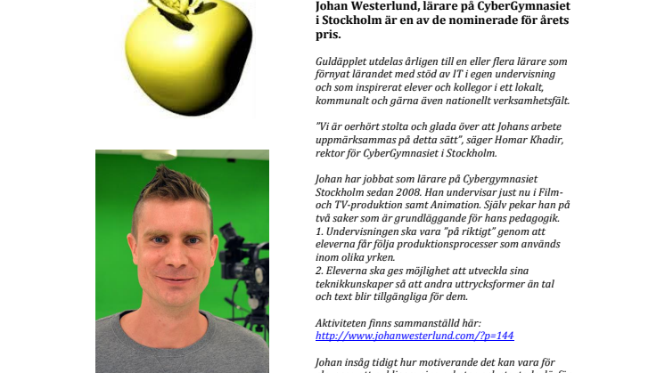 CyberGymnasiets lärare nominerad till Guldäpplet