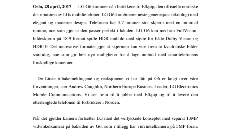 LG SIN ANERKJENTE SMARTTELEFON LG G6, LANSERES NÅ HOS ELKJØP 