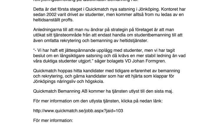 Quickmatch rekryterar verksamhetschef via Youtube.