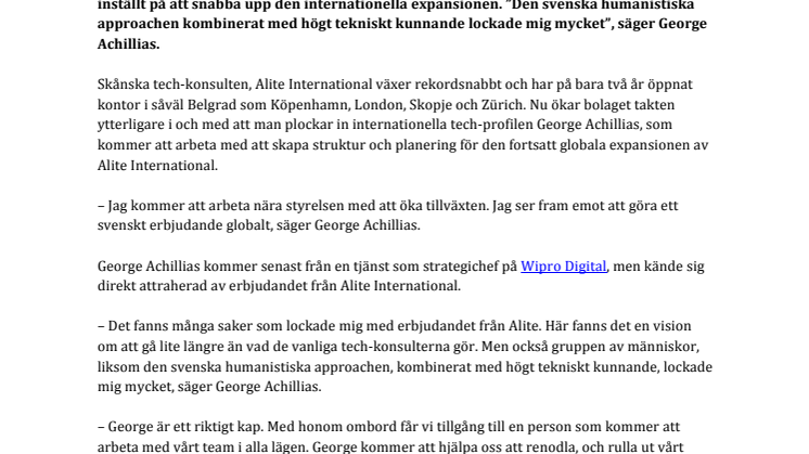 Alite International plockar in tech-profilen George Achillias för den internationella expansionen: ”Jag ser fram emot att göra ett svenskt tech-erbjudande globalt” 