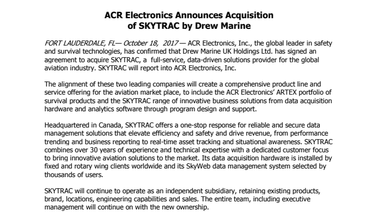 ACR Electronics Announces Acquisition  of SKYTRAC by Drew Marine