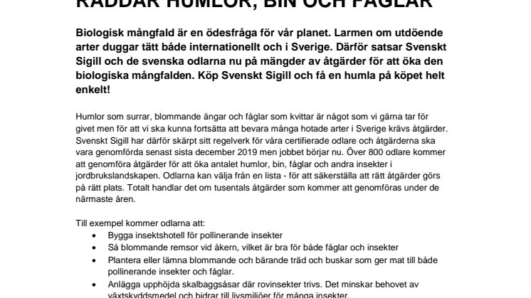 Svenskt Sigill räddar humlor, bin och fåglar