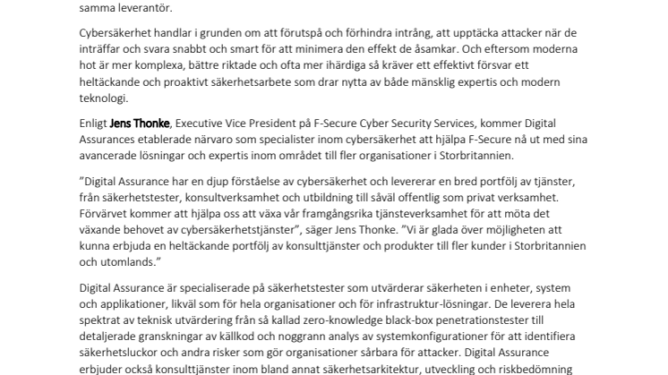 F-Secure förvärvar Digital Assurance – expanderar satsning på konsulttjänster i Storbritannien