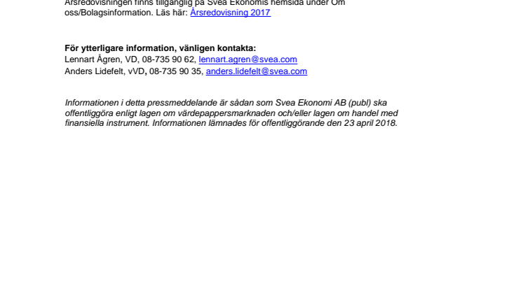 Svea Ekonomi AB (publ) offentliggör Årsredovisning 2017