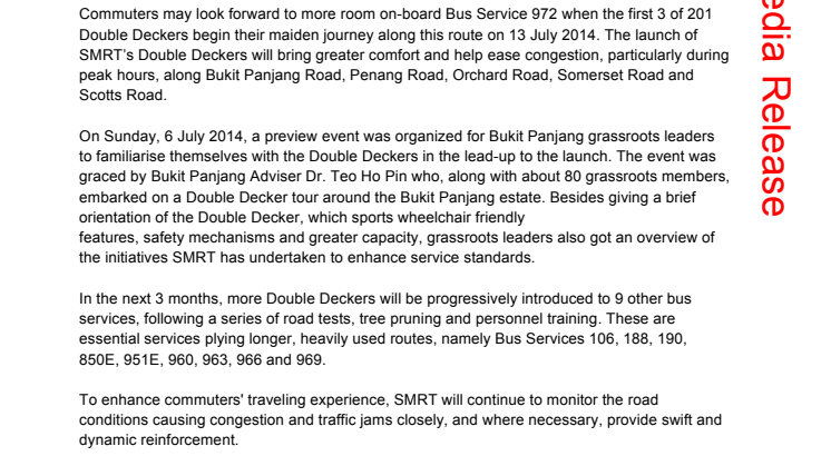 SMRT Double Deckers to Begin Service on 13 July 2014