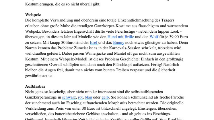 Heißer Karnevals- und Fastnacht-Tipp:  Webpelz-Kostüme und Morphsuits 