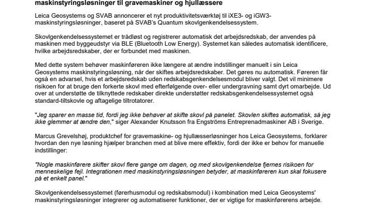 Leica Geosystems og SVAB introducerer nyt skovlgenkendelsessystem