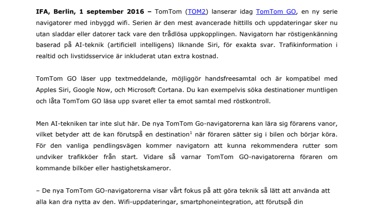 TomTom GO: ny serie navigatorer med wifi, röstkontroll och ruttrekommendationer  