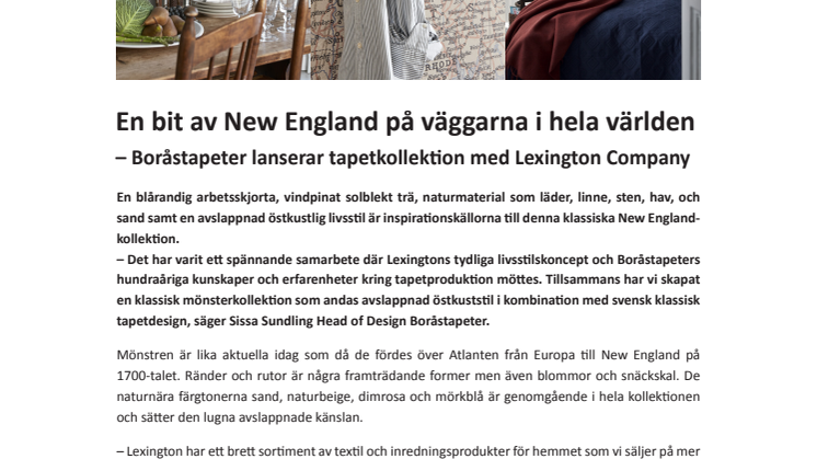 En bit av New England på väggarna i hela världen - Boråstapeter lanserar tapetkollektion med Lexington Company