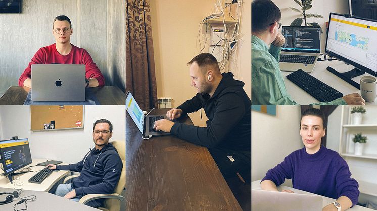 Teamet på Sigma Software som utvecklat plattformen Swedes for Ukraine: Dmytro Kapustianskyi, Artem Kostenko, Pavlo Shyian, Vladyslav Plotnyk och Vera Prokudina.